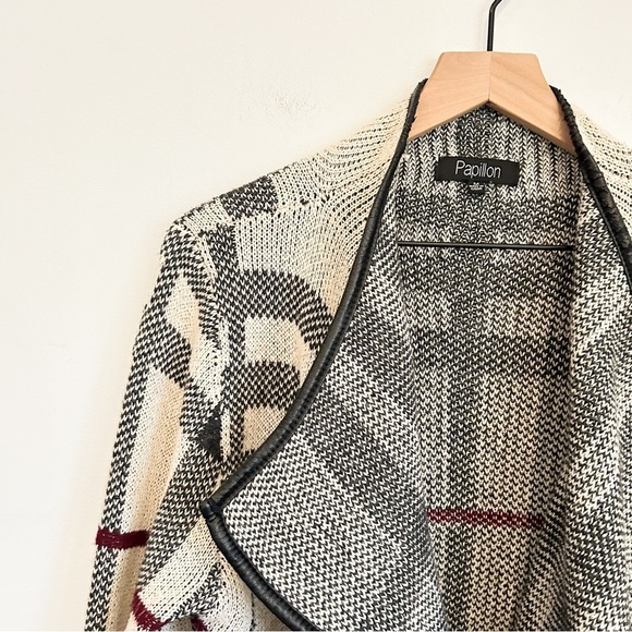 Papillon Plaid Waterfall Open Cardigan Sweater Cream Size M - Picture 3 of 8